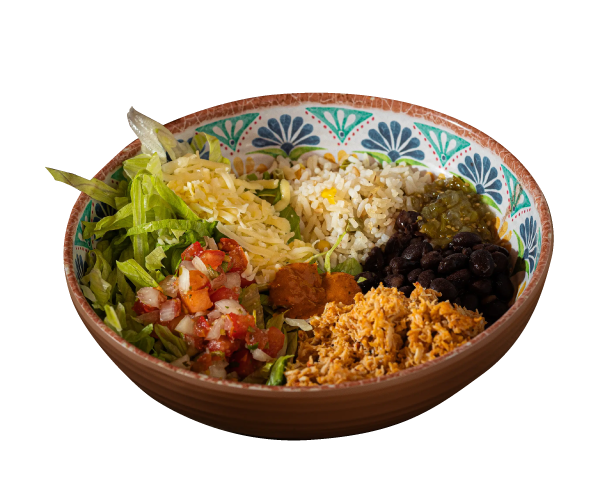 Bowl burrito mexicano con arroz, frijoles y pollo