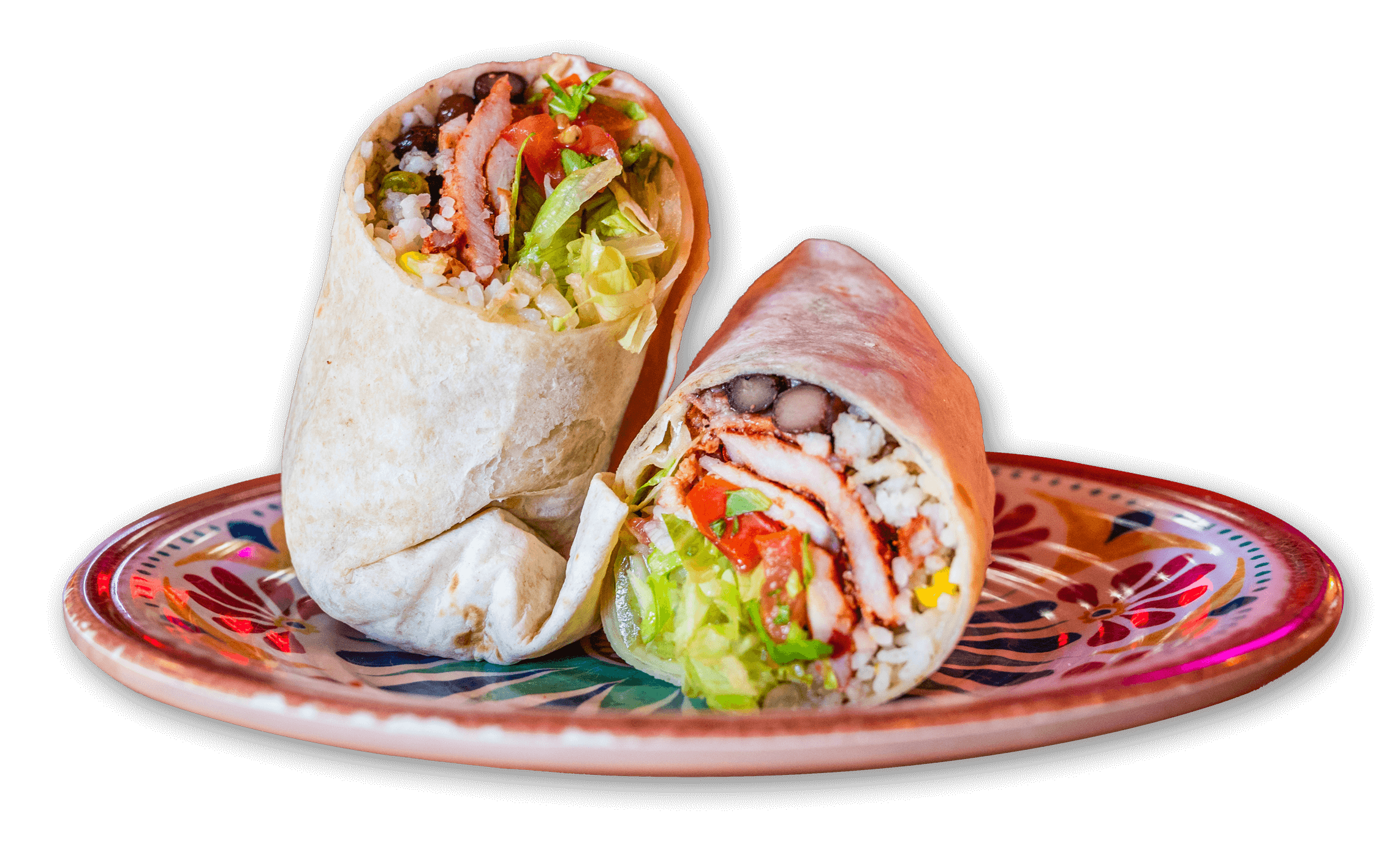 Bn burrito de cerdo en un plato partido en la mitad